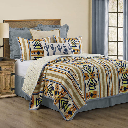 Pontiac - King Reversible Quilt Set (Set of 3) - Blue / Tan / Yellow