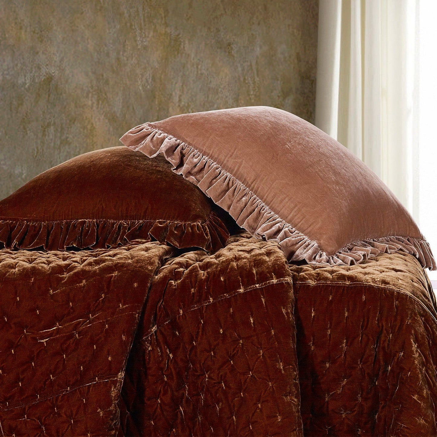 Stella - Faux Silk Velvet Ruffled Euro Sham - Stone