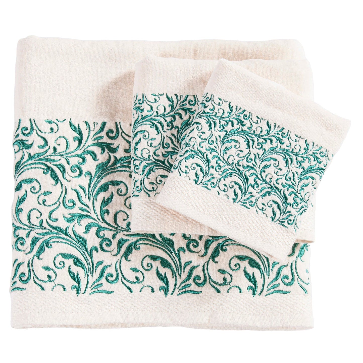 Wyatt - Embroidered Scroll Pattern Towel Set (Set of 3) - Cream / Turquoise