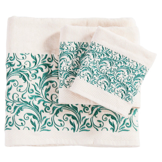 Wyatt - Embroidered Scroll Pattern Towel Set (Set of 3) - Cream / Turquoise
