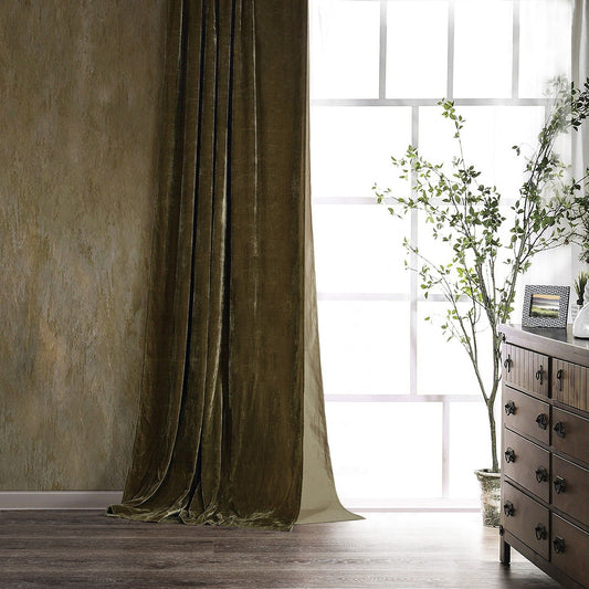 Stella - Faux Silk Velvet Curtain - Green Ochre