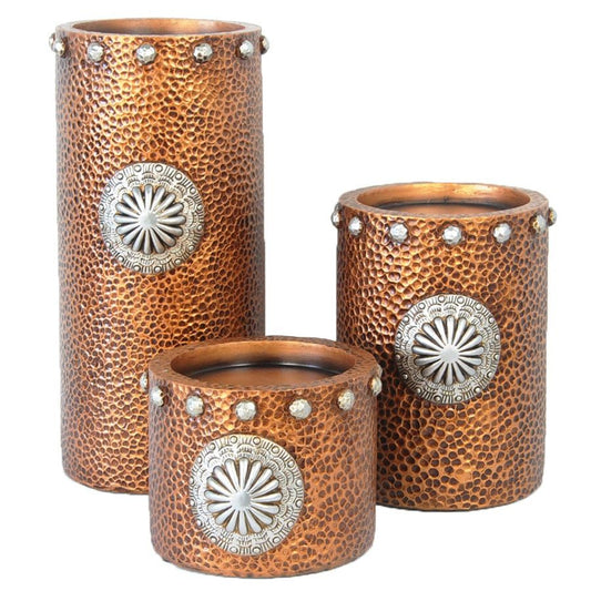 Candle Holder - Faux Hammered Copper With Concho Candle Holder Set (Set of 3) - Brown