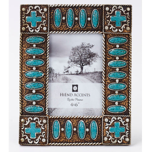Picture Frame - 4" x 6" Turquoise Stones Cross Picture Frame - Turquoise