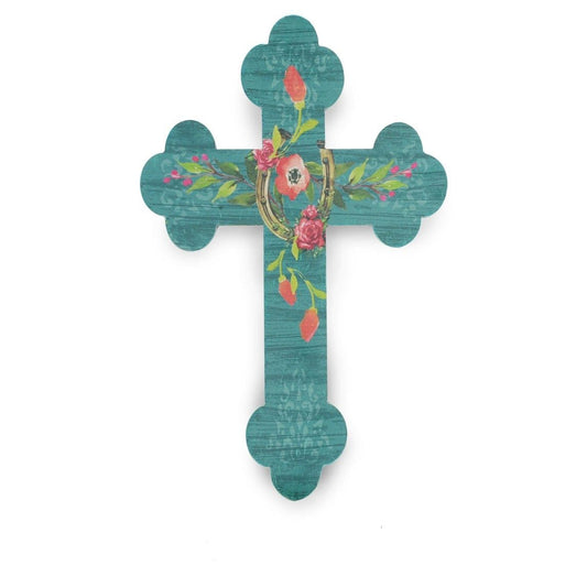 Wall Décor - 19" x 12" Turquoise Floral Horseshoe Cross Wall Décor - Turquoise