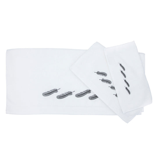 Tossed Feather - Embroidered Feather White Towel Set (Set of 3) - White / Gray