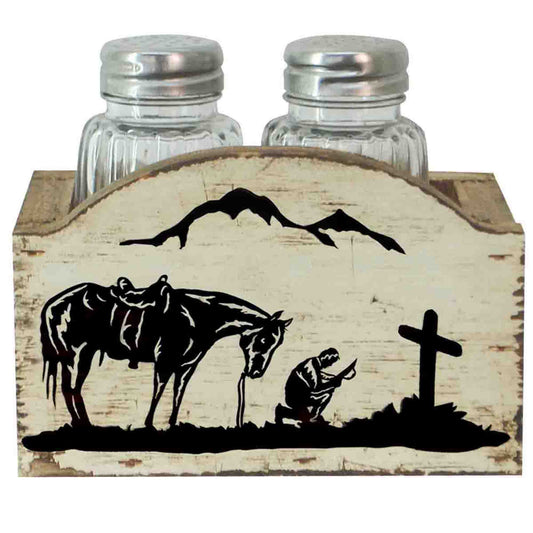 Salt And Pepper - Praying Cowboy Design Salt & Pepper Set (Set of 2) - Cream / Black