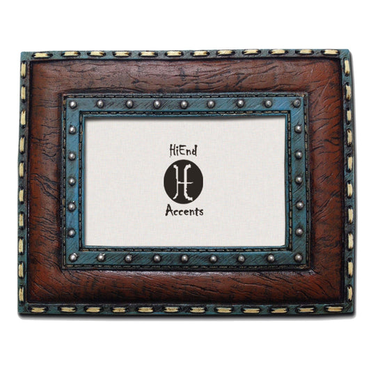Picture Frame - 4" x 6" Turquoise Edge & Stitched Leather Insert Picture Frame - Blue