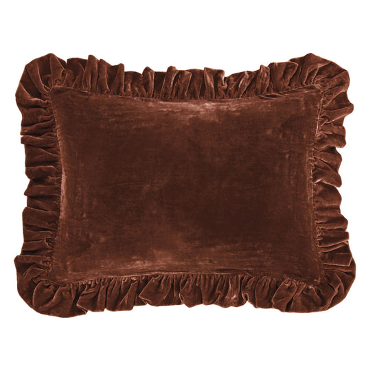 Stella - Faux Silk Velvet Ruffled Dutch Euro Pillow - Copper Brown