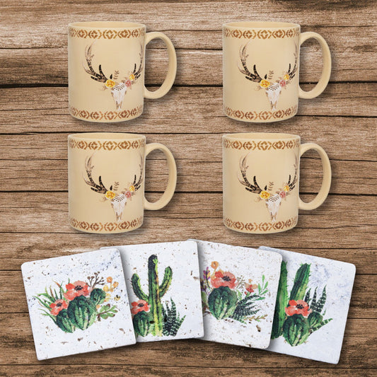 Desert Skull - Bohemian Mug & Cactus Blooms Coaster Set (Set of 8) - Tan / White