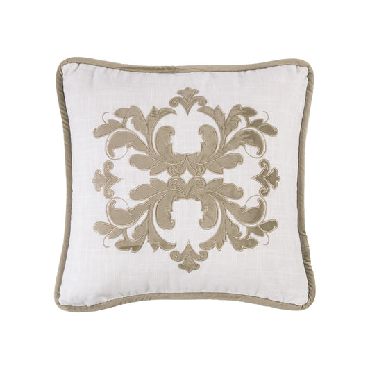 Madison - Velvet Embroidered White Square Pillow - Oatmeal