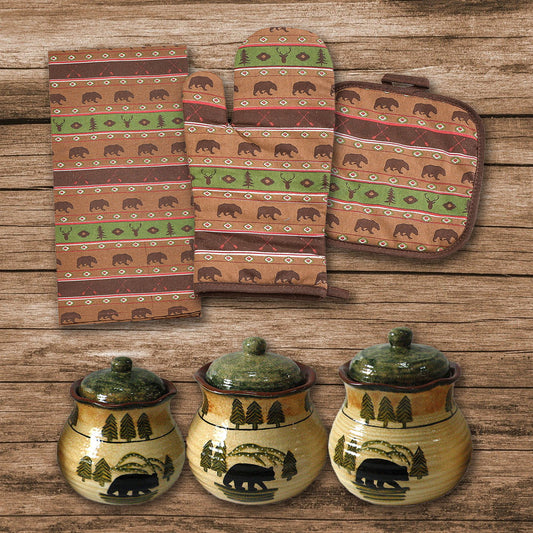 Aztec Bear - Aztec Multi Animal Print & Rustic Bear Canister Set (Set of 13) - Brown / Green / Tan
