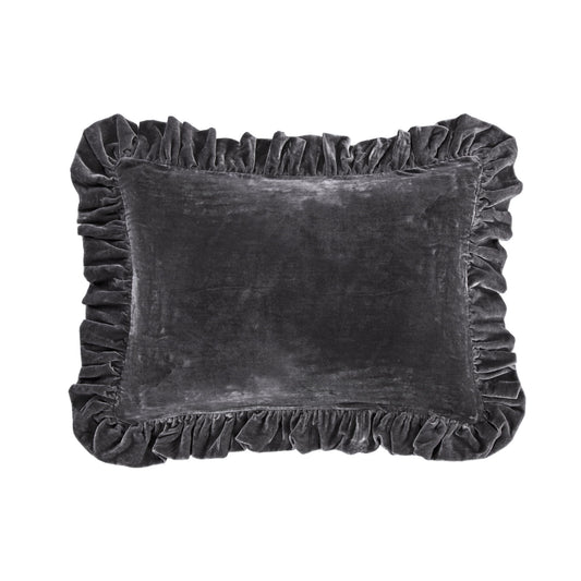 Stella - Faux Silk Velvet Ruffled Oblong Pillow - Dark Slate