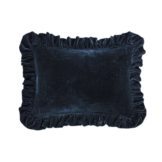 Stella - Faux Silk Velvet Ruffled Oblong Pillow - Midnight Blue