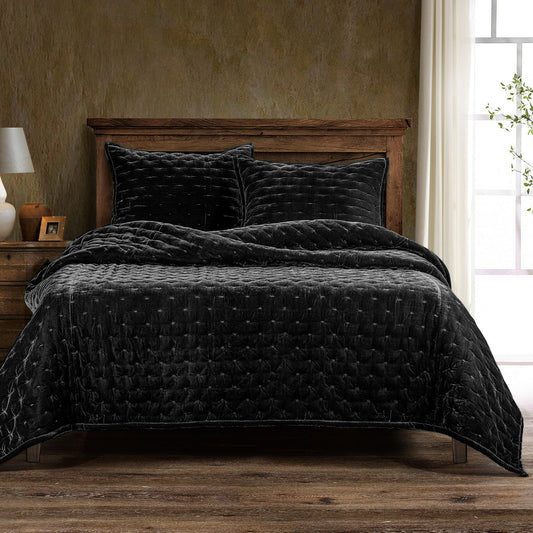 Stella - Twin Faux Silk Velvet Pintuck Quilt - Black