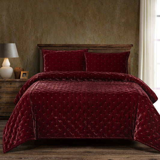 Stella - Twin Faux Silk Velvet Pintuck Quilt - Garnet Red