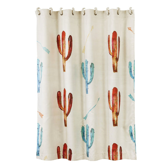 Saguaro Cactus - Cactus & Arrow Shower Curtain - White / Blue / Orange