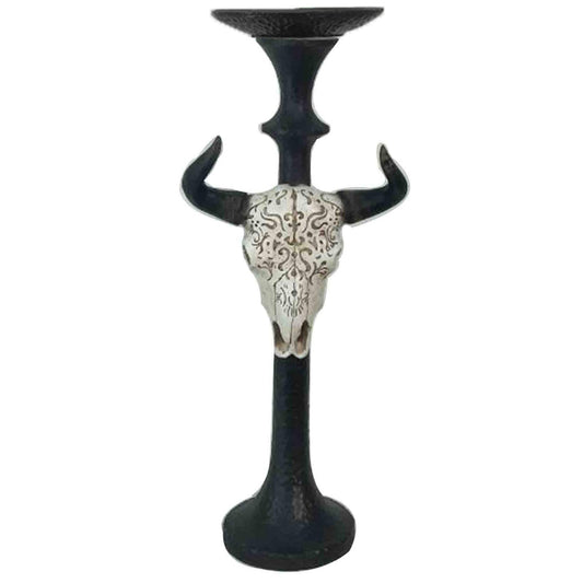 Candle Holder - Carved Skull Tapered Pillar Candle Holder - Black