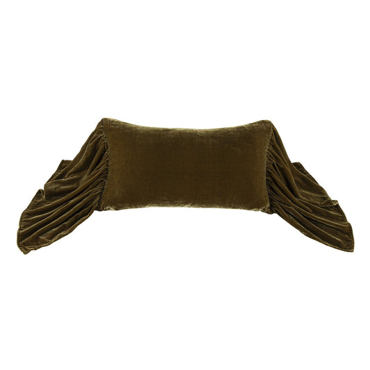 Stella - Faux Silk Velvet Long Ruffled Pillow - Green Ochre