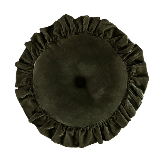Stella - Faux Silk Velvet Ruffled Round Pillow - Fern Green