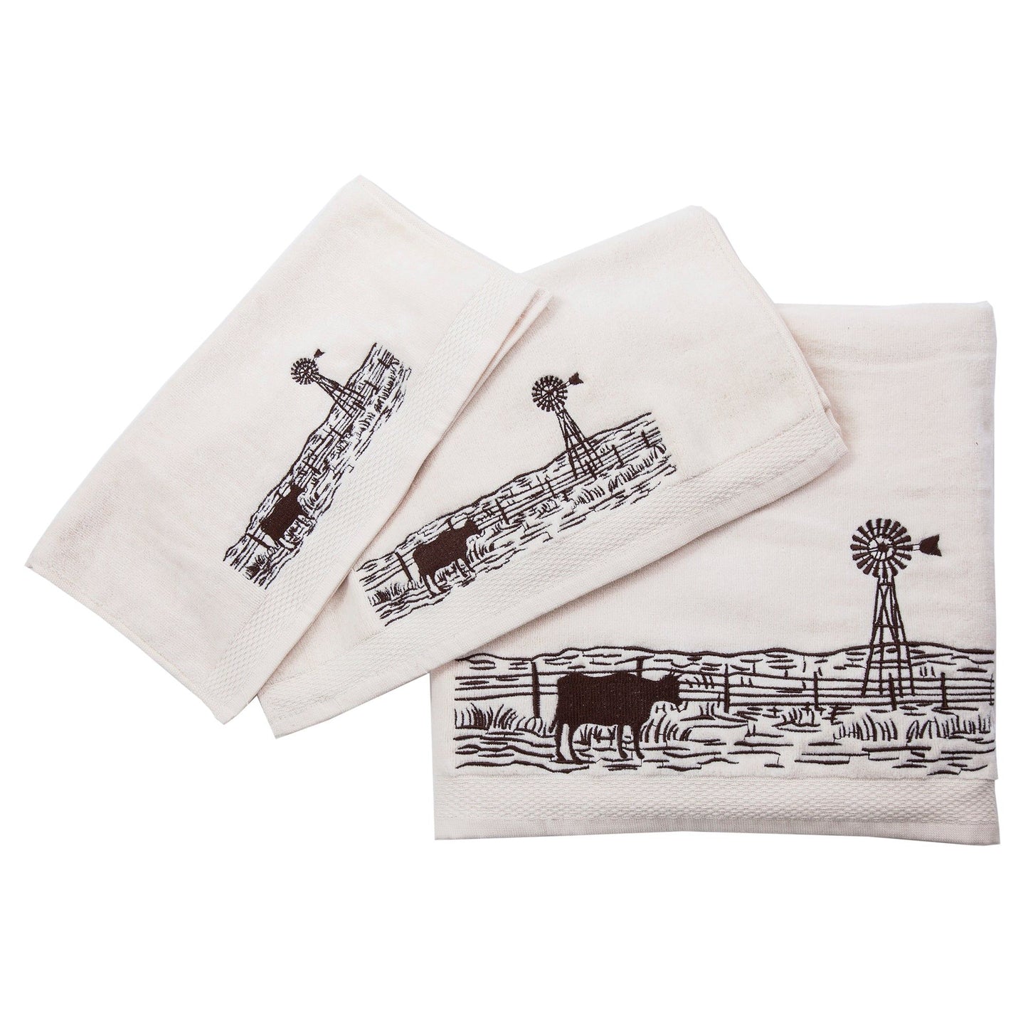 Jasper - Embroidered Windmill Landscape Towel Set (Set of 3) - Cream