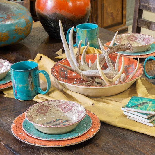 Tossed Feather - Feather Melamine Dinnerware Set (Set of 14) - Orange / Blue