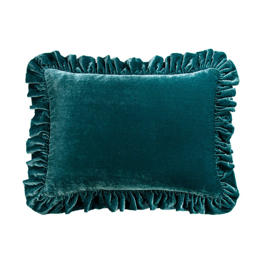 Stella - Faux Silk Velvet Ruffled Oblong Pillow - Teal