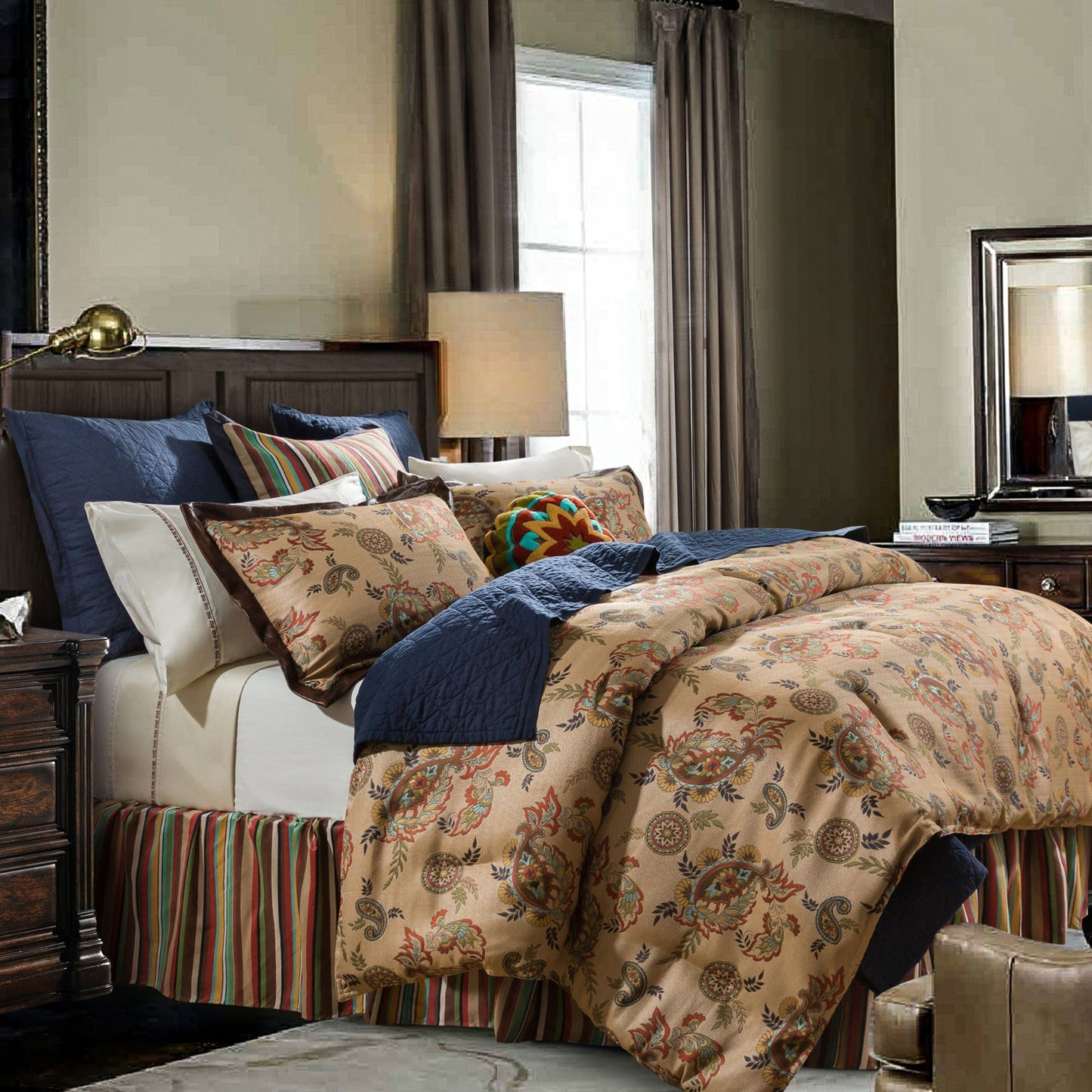 Tammy - Full Paisley Comforter Set (Set of 3) - Gold / Navy / Red