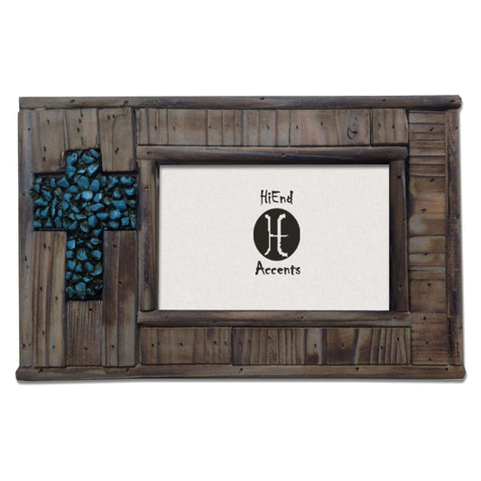 Picture Frame - 4" x 6" Wooden Turquoise Rock Cross Picture Frame - Frame