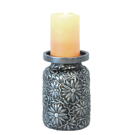 Candle Holder - Faux Metal Embossed Flower Pillar Candle Holder - Silver