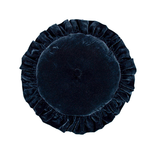 Stella - Faux Silk Velvet Ruffled Round Pillow - Midnight Blue