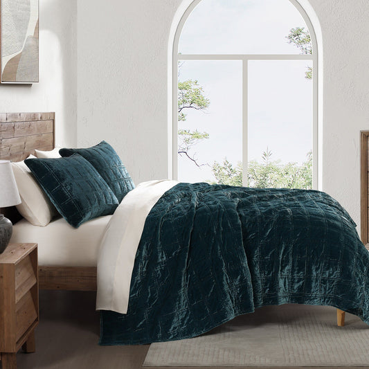 Stella - Full/Queen Faux Silk Velvet Double Box Stitch Quilt Set (Set of 3) - Storm Blue