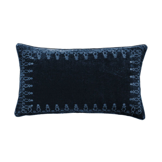 Stella - Faux Silk Velvet Embroidered Lumbar Pillow - Midnight Blue