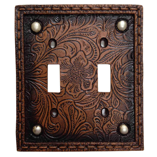 Tooled Resin Switch Plate - 5" x 5" Tooled Resin Studded Double Wall Switch Plate - Brown