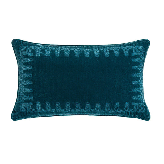 Stella - Faux Silk Velvet Embroidered Lumbar Pillow - Teal
