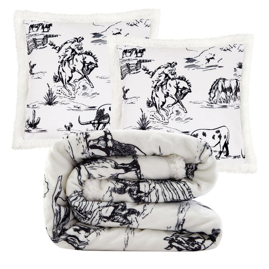 Campfire - Ranch Life Western Toile Campfire Sherpa Throw Set (Set of 3) - Black