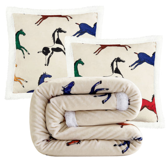Campfire - Wild Horses Campfire Sherpa Throw Set (Set of 3) - Multi Color