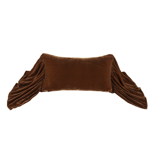 Stella - Faux Silk Velvet Long Ruffled Pillow - Copper Brown