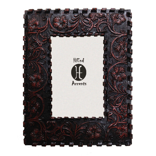 Picture Frame - 4" x 6" Laced Edge Tooled Leather Picture Frame - Black / Red