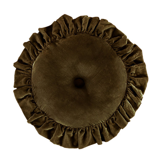 Stella - Faux Silk Velvet Ruffled Round Pillow - Green Ochre