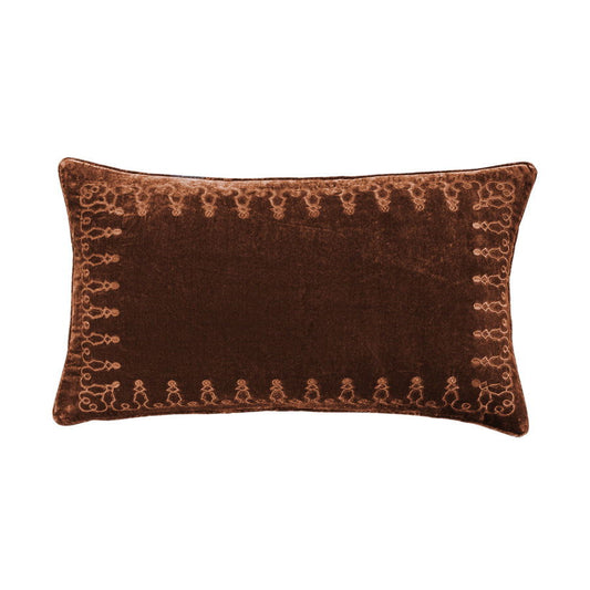 Stella - Faux Silk Velvet Embroidered Lumbar Pillow - Copper Brown