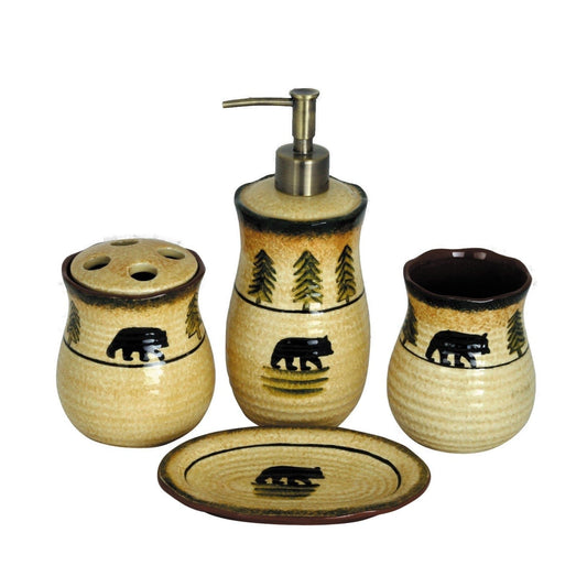 Rustic Bear - Ceramic Forest Countertop Bathroom Set (Set of 4) - Tan / Brown