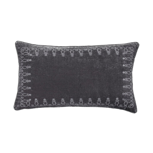 Stella - Faux Silk Velvet Embroidered Lumbar Pillow - Dark Slate