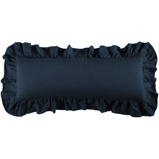 Luna - Washed Linen Ruffled Lumbar Pillow - Navy