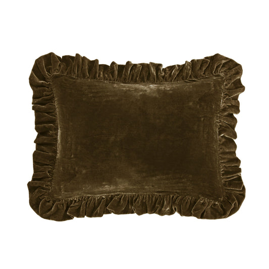 Stella - Faux Silk Velvet Ruffled Oblong Pillow - Green Ochre