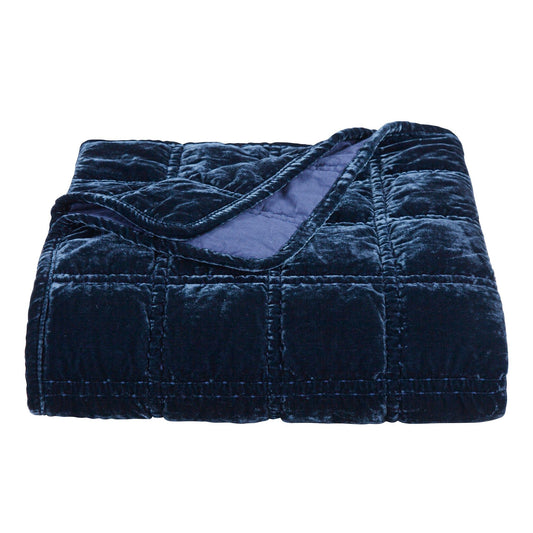 Stella - Faux Silk Velvet Double Box Stitch Throw - Midnight Blue