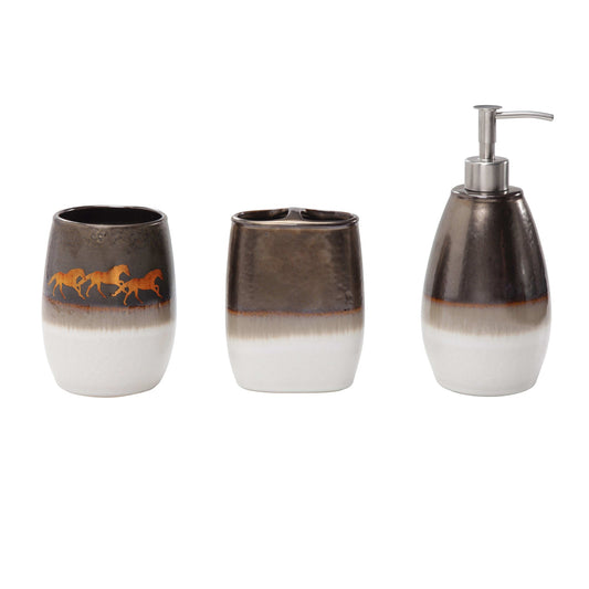 Running Remuda - Ceramic Countertop Bathroom Set (Set of 3) - White / Brown / Gold