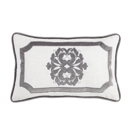 Madison - Velvet Embroidered White Oblong Pillow - White / Gray