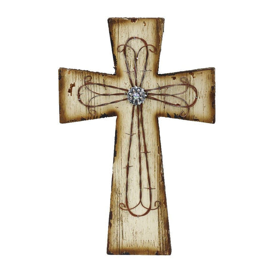 Wall Décor - 10" x 15" Distressed Wood & Barbwire Cross Wall Décor - Cream