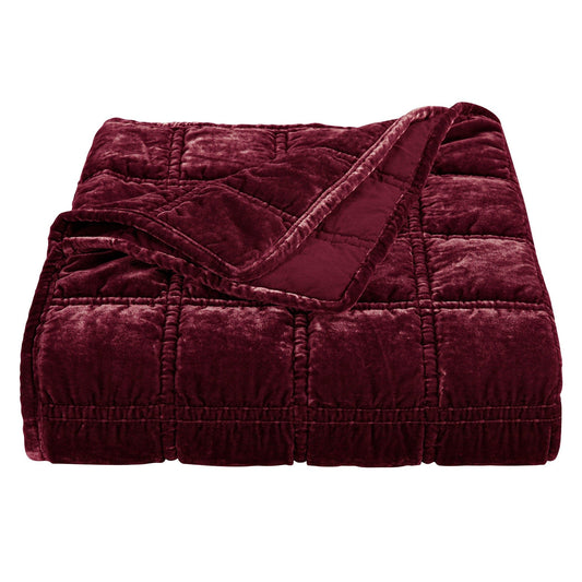 Stella - Faux Silk Velvet Double Box Stitch Throw - Garnet Red