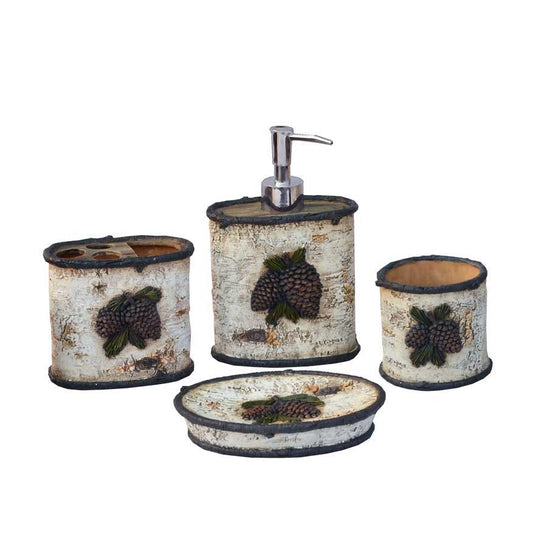 Lodge Pine Cone - Birch Pinecone Countertop Bathroom Set (Set of 4) - Brown / White